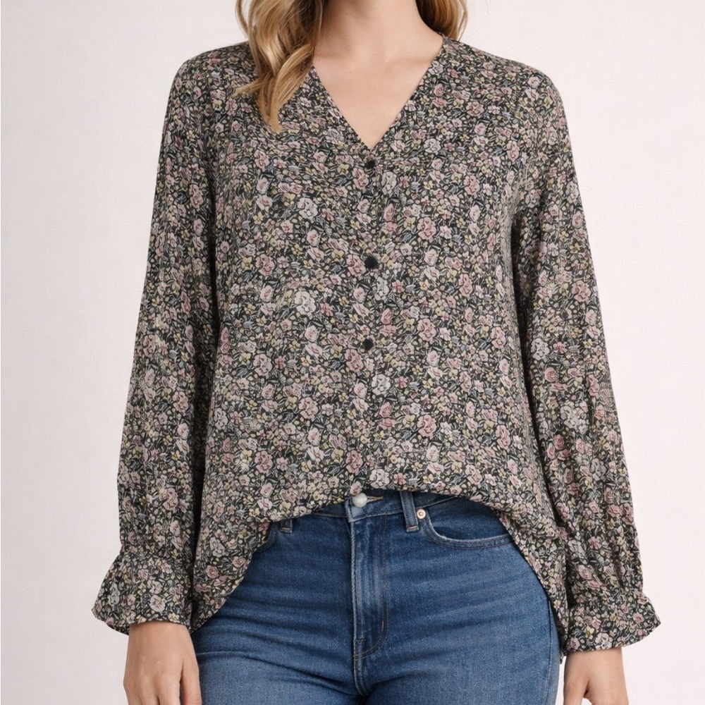 T Tahari Black and Pink Floral Blouse size XS